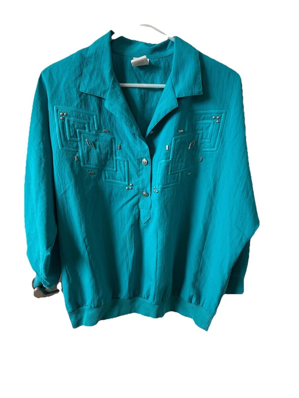 Vintage GW Graff Teal Dolman Sleeve Pullover Top Geometric Studded 80s